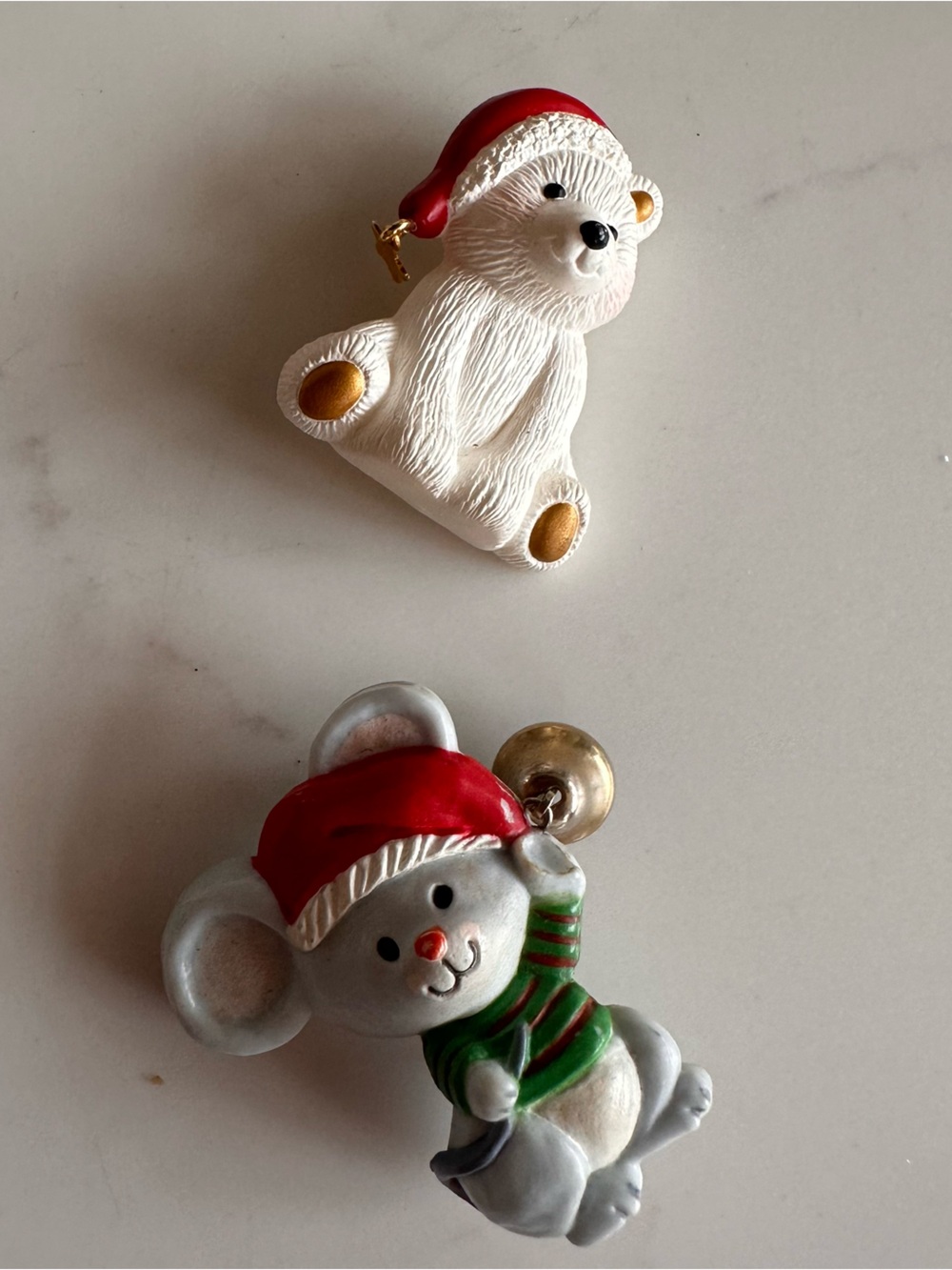 Festive White Polar Bear and Mouse Brooch with Red Hat - Holiday Christmas